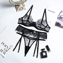 Load image into Gallery viewer, 3 PCS Set Women Sexy Lace Embroidery Underwear Transparent Erotic Costumes Garter Sensual Lingerie Exotic See-through Thong Suit