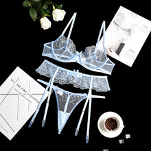 Load image into Gallery viewer, 3 PCS Set Women Sexy Lace Embroidery Underwear Transparent Erotic Costumes Garter Sensual Lingerie Exotic See-through Thong Suit