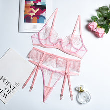 Load image into Gallery viewer, 3 PCS Set Women Sexy Lace Embroidery Underwear Transparent Erotic Costumes Garter Sensual Lingerie Exotic See-through Thong Suit