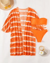 Load image into Gallery viewer, 3 Pack Fluid Pattern Lace Up Bikini Tropical Swimsuit and Kimono for Women Sexy  Three Pieces Swimwear 2023 Beach Bathing Suit