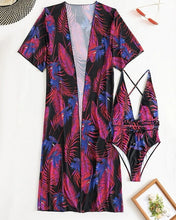 Load image into Gallery viewer, 3 Pack Fluid Pattern Lace Up Bikini Tropical Swimsuit and Kimono for Women Sexy  Three Pieces Swimwear 2023 Beach Bathing Suit