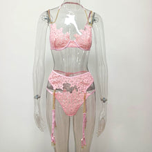 Load image into Gallery viewer, 3-Piece Lace Lingerie Bra Set Women Gold Chain Embroidery Underwire Bra and Thong Underwear Set Ladies Pink Sexy Lingerie Set