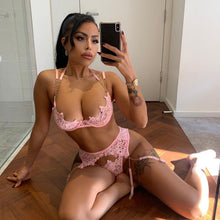 Load image into Gallery viewer, 3-Piece Lace Lingerie Bra Set Women Gold Chain Embroidery Underwire Bra and Thong Underwear Set Ladies Pink Sexy Lingerie Set