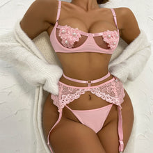 Load image into Gallery viewer, 3 Piece Set Lace Pearl Erotic Lingerie Outfits Floral Embroidery Sexy Bra and Briefs Set Garters Mesh Sensual Lingerie Underwear
