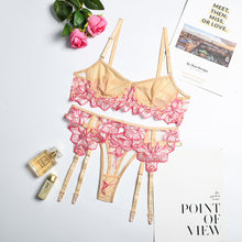 Load image into Gallery viewer, 3 Piece Set Women Sexy Floral Embroidery Underwear Perspective Patchwork Erotic Costumes Garter Sensual Lingerie Exotic Bra Sets