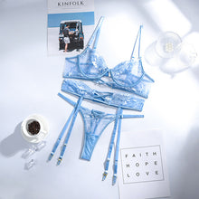 Load image into Gallery viewer, 3 Piece Set Women&#39;s Thong Underwear Set Mesh Lace Transparent Bra Sexy Embroidery Flower Erotic Lingerie Erotic Costumes