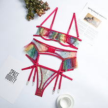 Load image into Gallery viewer, 3 Pieces Lace Hollow Sexy Bra and Panties Set Bright Stars Girl Heart Underwear Suit Contrast Sequin Mesh Garters Lingerie Set