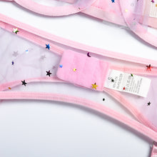 Load image into Gallery viewer, 3 Pieces Lace Hollow Sexy Bra and Panties Set Bright Stars Girl Heart Underwear Suit Contrast Sequin Mesh Garters Lingerie Set
