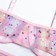 Load image into Gallery viewer, 3 Pieces Lace Hollow Sexy Bra and Panties Set Bright Stars Girl Heart Underwear Suit Contrast Sequin Mesh Garters Lingerie Set