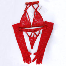 Load image into Gallery viewer, 3 Pieces Red Lingerie Set Sexy Exotic Costumes Halter Lace Bras Thong With Long Sleeve Porn Intimate Hot Erotic Outfit Underwear