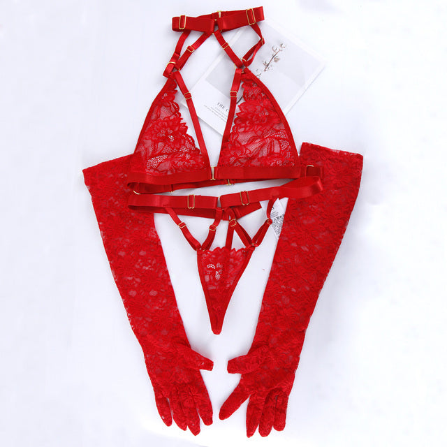 3 Pieces Red Lingerie Set Sexy Exotic Costumes Halter Lace Bras Thong With Long Sleeve Porn Intimate Hot Erotic Outfit Underwear