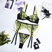 Load image into Gallery viewer, 3 Pieces Set Neon Sexy Exotic Costumes Patchwork Embroider Sensual Lingerie Underwear Transparent Erotic Mesh Bra and Briefs Set
