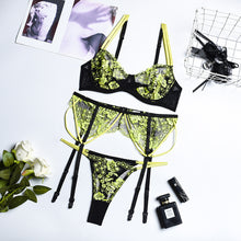 Load image into Gallery viewer, 3 Pieces Set Neon Sexy Exotic Costumes Patchwork Embroider Sensual Lingerie Underwear Transparent Erotic Mesh Bra and Briefs Set