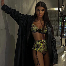 Load image into Gallery viewer, 3 Pieces Set Neon Sexy Exotic Costumes Patchwork Embroider Sensual Lingerie Underwear Transparent Erotic Mesh Bra and Briefs Set