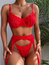 Load image into Gallery viewer, 3 Pieces Set Red Sexy Lingerie Set Lace Underwear Sensual Intimate Push Up Bra and Thong Garters Erotic Costumes Bondatge Suit