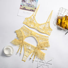 Load image into Gallery viewer, 3 Pieces Set Ruffled Lingerie Underwear Yellow Floral Sexy Underwear Underwire Porn Erotic Lingerie See Through Exotic Costumes