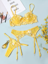 Load image into Gallery viewer, 3 Pieces Set Sensual Lingerie Transparent Lace Underwear Floral Embroidery Bra with Garters Erotic Costumes Temptation Porn Set