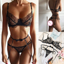 Load image into Gallery viewer, 3 Pieces Set Sensual Lingerie Transparent Lace Underwear Lace Embroidery Bra G-String Garters Erotic Costumes Temptation Set