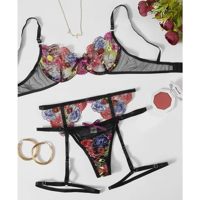3 Pieces Set Sensual Lingerie Women's Underwear Transparent Sexy Lingerie Bra Graters Embroidery Sexy Exotic Bra and Brief Sets