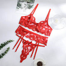 Load image into Gallery viewer, 3 Pieces Set Sexy Floral Embroidery Underwear Perspective Erotic Costumes with Garters Sensual Exotic Women&#39;s Lingerie Bra Set