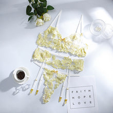 Load image into Gallery viewer, 3 Pieces Set Sexy Floral Embroidery Underwear Perspective Erotic Costumes with Garters Sensual Exotic Women&#39;s Lingerie Bra Set