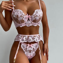 Load image into Gallery viewer, 3 Pieces Set Sexy Floral Embroidery Underwear Perspective Erotic Costumes with Garters Sensual Exotic Women&#39;s Lingerie Bra Set