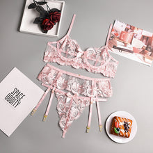 Load image into Gallery viewer, 3 Pieces Set Sexy Floral Embroidery Underwear Perspective Erotic Costumes with Garters Sensual Exotic Women&#39;s Lingerie Bra Set