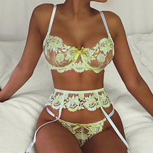 Load image into Gallery viewer, 3 Pieces Set Sexy Floral Embroidery Underwear Perspective Erotic Costumes with Garters Sensual Exotic Women&#39;s Lingerie Bra Set