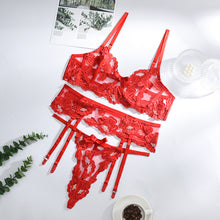 Load image into Gallery viewer, 3 Pieces Set Sexy Floral Embroidery Underwear Perspective Erotic Costumes with Garters Sensual Exotic Women&#39;s Lingerie Bra Set