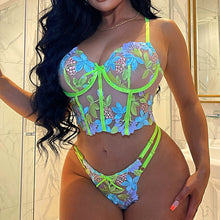 Load image into Gallery viewer, 3 Pieces Set Sexy Lingerie Floral Embroidery Erotic Underwear Set Lace Perspective Push up Bra and Brief Sets Garters and Thongs