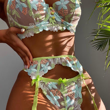 Load image into Gallery viewer, 3 Pieces Set Sexy Lingerie Floral Embroidery Erotic Underwear Set Lace Perspective Push up Bra and Brief Sets Garters and Thongs