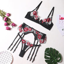 Load image into Gallery viewer, 3 Pieces Set Sexy Lingerie Floral Embroidery Underwear Sensual Bra and Thong Garter Erotic See-Through Mesh Exotic Costumes