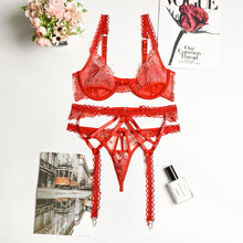 Load image into Gallery viewer, 3 Pieces Set Sexy Lingerie Patckwork Embroidery Underwear Sensual Bra and Briefs Garter Erotic See-Through Mesh Exotic Costumes