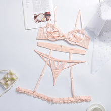 Load image into Gallery viewer, 3 Pieces Set Women Sensual Lingerie Underwear Set Lace Erotic Costumes Underwire Bra and Thong Set Exotic with Garters Underwear