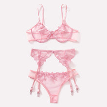 Load image into Gallery viewer, 3 Pieces Set Women Sexy Embroidery Sensual Lingerie Underwear Lace Erotic Bra Garters and Brief Set Perspective Exotic Underwear