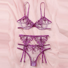 Load image into Gallery viewer, 3 Pieces Set Women Sexy Embroidery Sensual Lingerie Underwear Lace Erotic Bra Garters and Brief Set Transparent Exotic Underwear