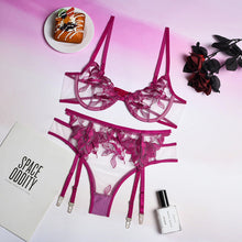 Load image into Gallery viewer, 3 Pieces Set Women Sexy Embroidery Sensual Lingerie Underwear Lace Erotic Bra Garters and Brief Set Perspective Exotic Underwear