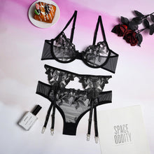 Load image into Gallery viewer, 3 Pieces Set Women Sexy Embroidery Sensual Lingerie Underwear Lace Erotic Bra Garters and Brief Set Perspective Exotic Underwear