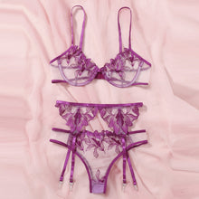 Load image into Gallery viewer, 3 Pieces Set Women Sexy Embroidery Sensual Lingerie Underwear Lace Erotic Bra Garters and Brief Set Transparent Exotic Underwear