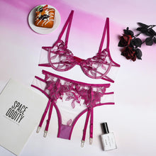 Load image into Gallery viewer, 3 Pieces Set Women Sexy Embroidery Sensual Lingerie Underwear Lace Erotic Bra Garters and Brief Set Perspective Exotic Underwear