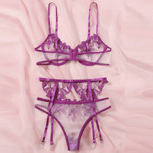 Load image into Gallery viewer, 3 Pieces Set Women Sexy Embroidery Sensual Lingerie Underwear Lace Erotic Bra Garters and Brief Set Transparent Exotic Underwear