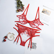 Load image into Gallery viewer, 3 Pieces Set Women Sexy Embroidery Sensual Lingerie Underwear Lace Erotic Bra Garters and Brief Set Perspective Exotic Underwear