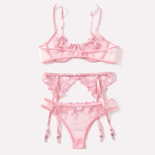 Load image into Gallery viewer, 3 Pieces Set Women Sexy Embroidery Sensual Lingerie Underwear Lace Erotic Bra Garters and Brief Set Perspective Exotic Underwear