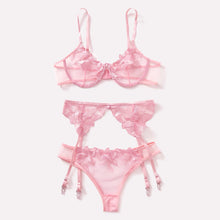 Load image into Gallery viewer, 3 Pieces Set Women Sexy Embroidery Sensual Lingerie Underwear Lace Erotic Bra Garters and Brief Set Perspective Exotic Underwear