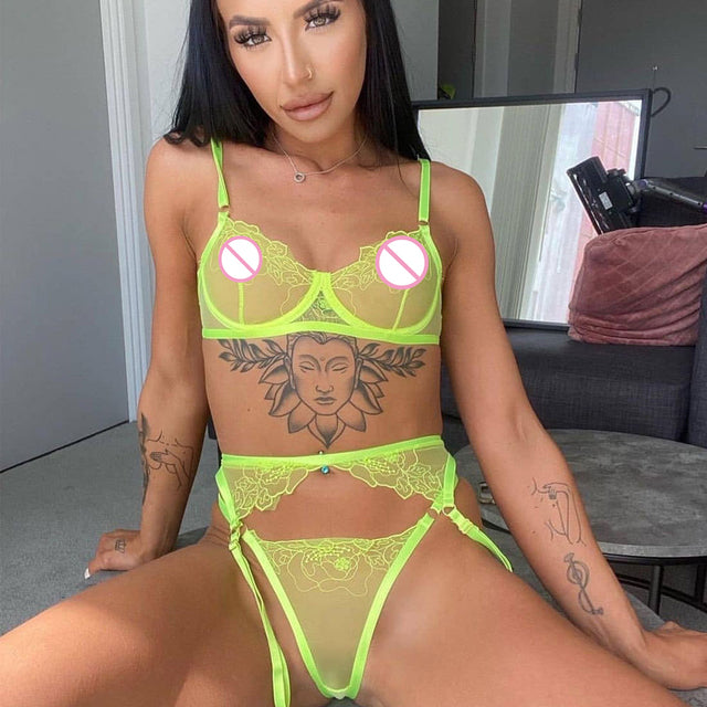 3 Pieces Set Women Sexy Embroidery Sensual Lingerie Underwear Neon Lace Erotic Underwire Bra GartersTransparent Exotic Underwear