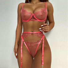 Load image into Gallery viewer, 3 Pieces Set Women Sexy Embroidery Sensual Lingerie Underwear Neon Lace Erotic Underwire Bra GartersTransparent Exotic Underwear