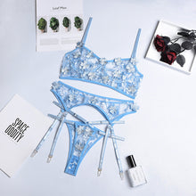 Load image into Gallery viewer, 3 Pieces Set Women Sexy Embroidery Sensual Lingerie Underwear with Garter Erotic Bra and Brief Sets Transparent Exotic Underwear