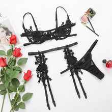 Load image into Gallery viewer, 3 Pieces Set Women Sexy Floral Embroidery Sensual Lingerie Underwear Lace Erotic Bra and Brief Set Hollow Out Exotic Underwear