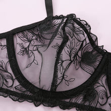 Load image into Gallery viewer, 3 Pieces Set Women Sexy Floral Embroidery Underwear Perspective Erotic Bra and Briefs Set with Garter Sensual Lingerie Sex Set