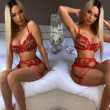 Load image into Gallery viewer, 3 Pieces Set Women Sexy Floral Embroidery Underwear Perspective Erotic Bra and Briefs Set with Garter Sensual Lingerie Underwear